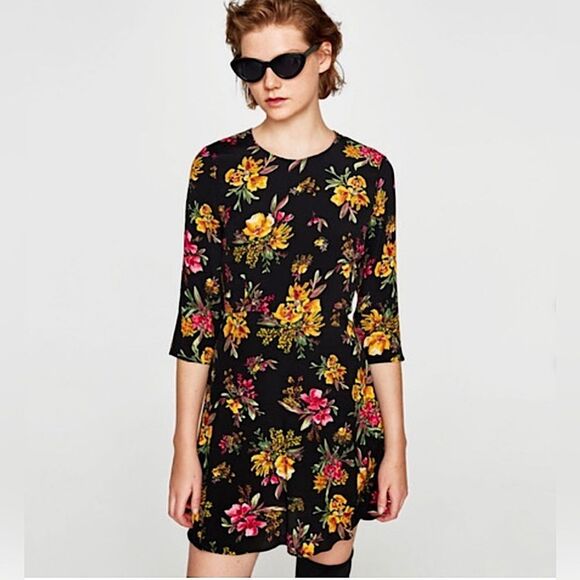 ZARA Floral Dress Black Long Sleeves Scoop Neck Shift Size Medium - Picture 1 of 9